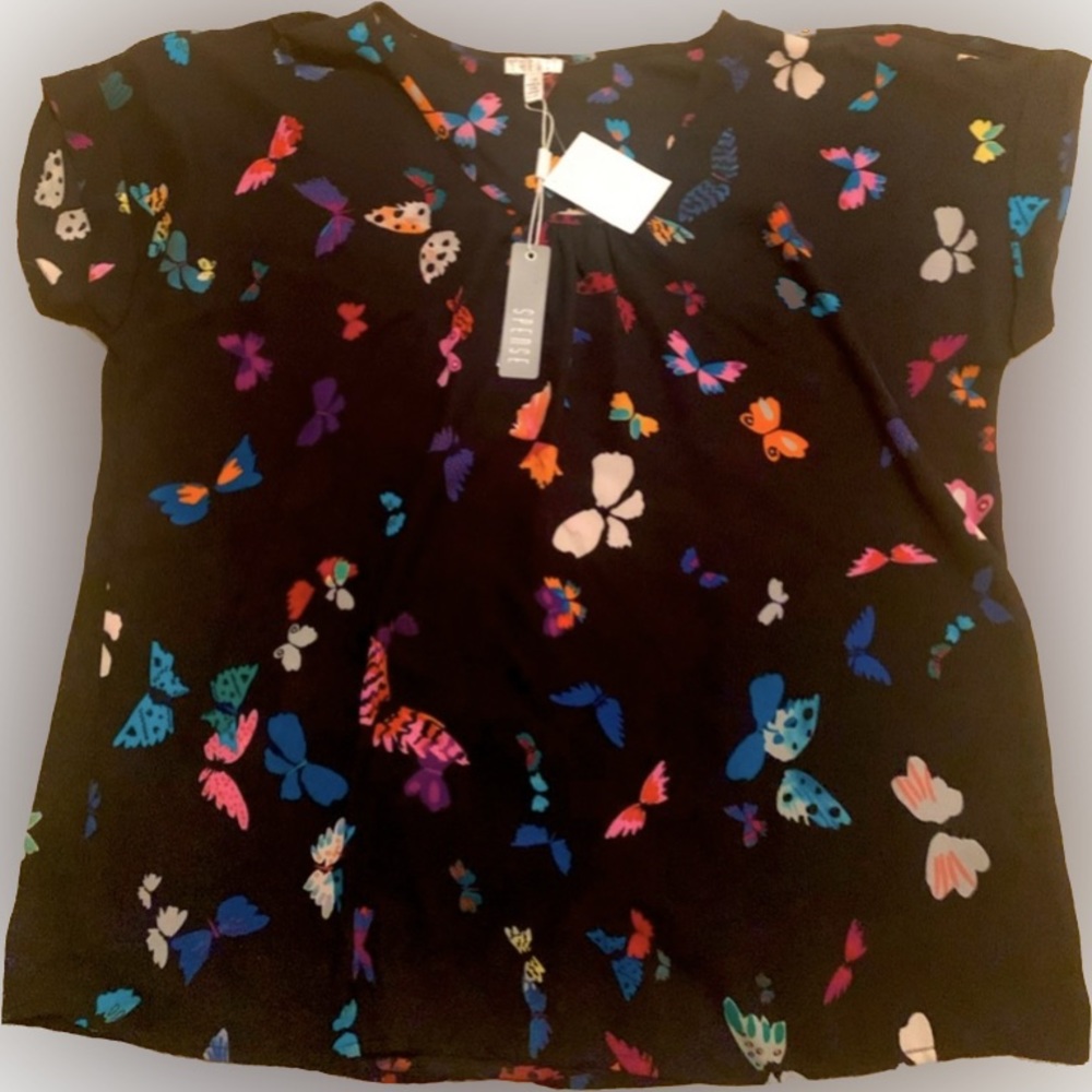 Elegant navy blue blouse with colourful butterflies